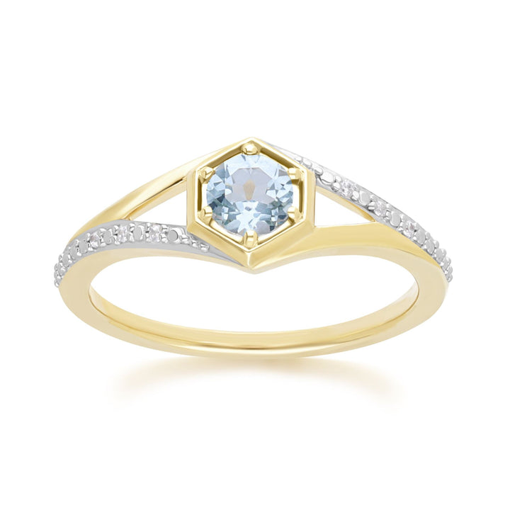 Geometric Hexagon with Prong set Round Topaz and Diamond Ring in 9ct Yellow Gold