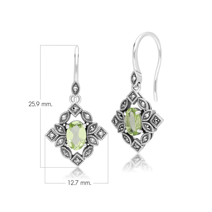Ovale Peridot- und Markasit-Tropfenohrringe im Art-Deco-Stil aus Sterlingsilber