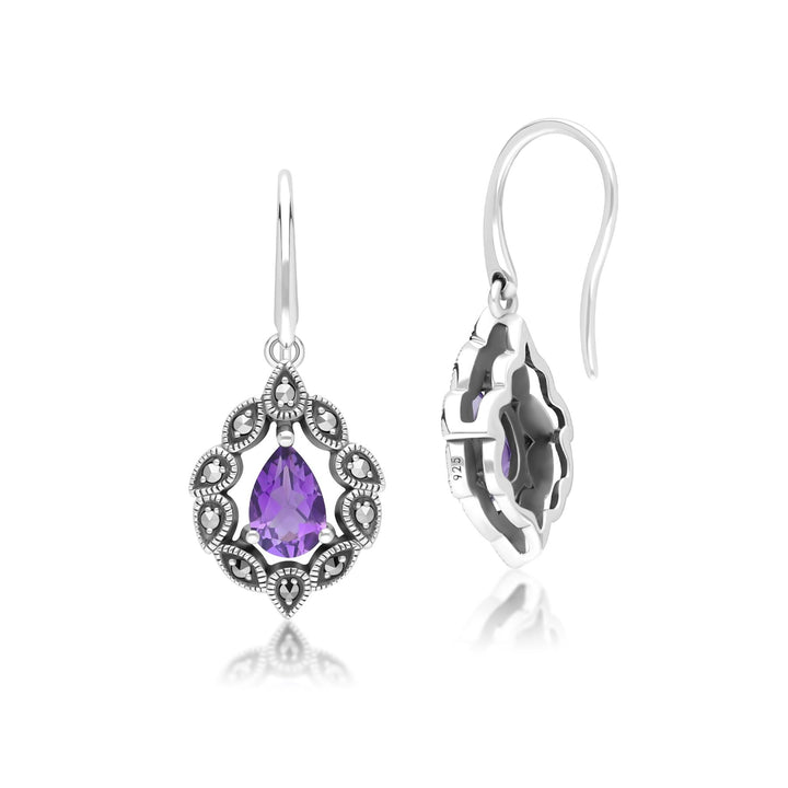 Tropfenförmige Amethyst- und Markasit-Ohrringe im Art-Deco-Stil aus Sterlingsilber