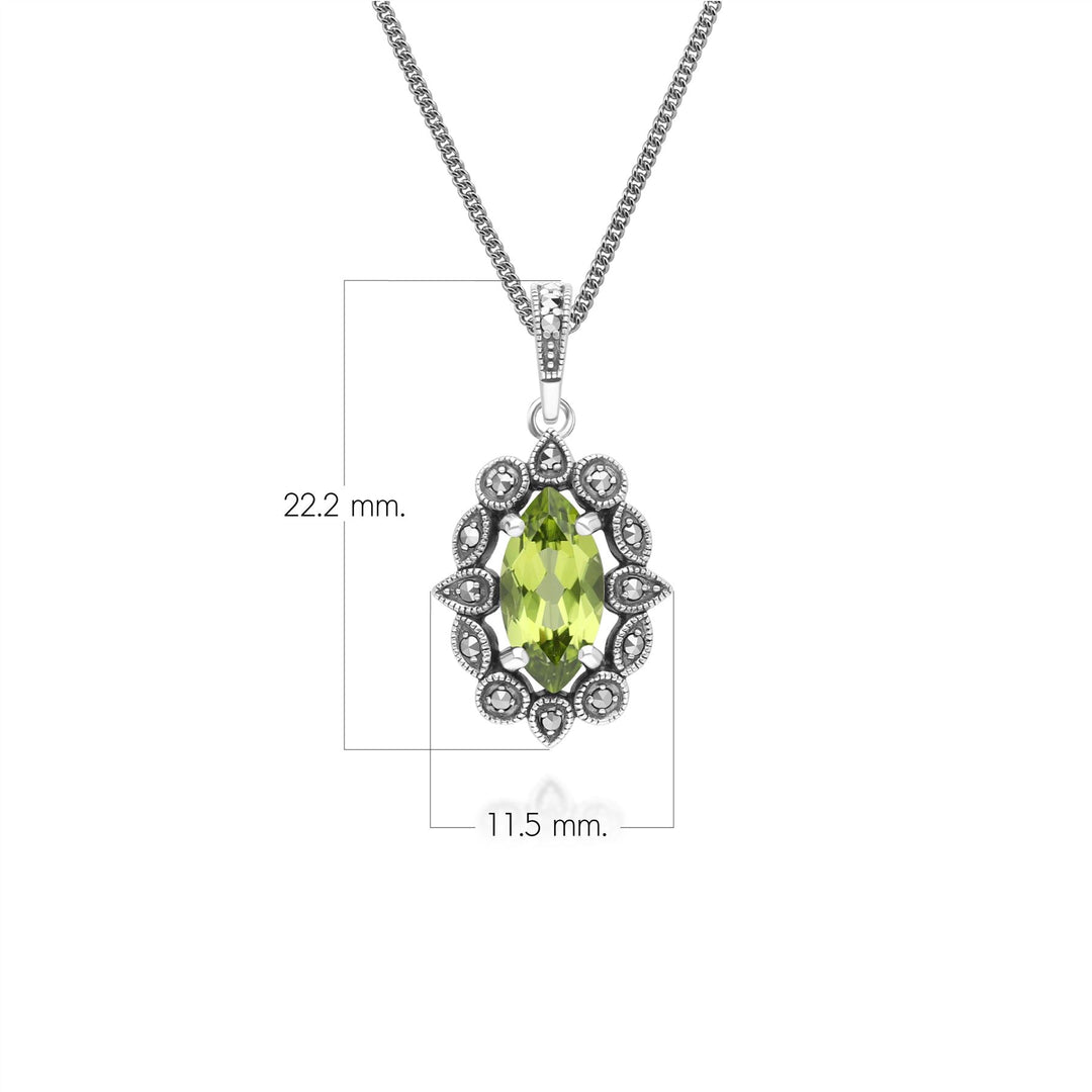 Halskette mit Anhänger im Art-Deco-Stil mit Marquise-Peridot und Markasit aus Sterlingsilber