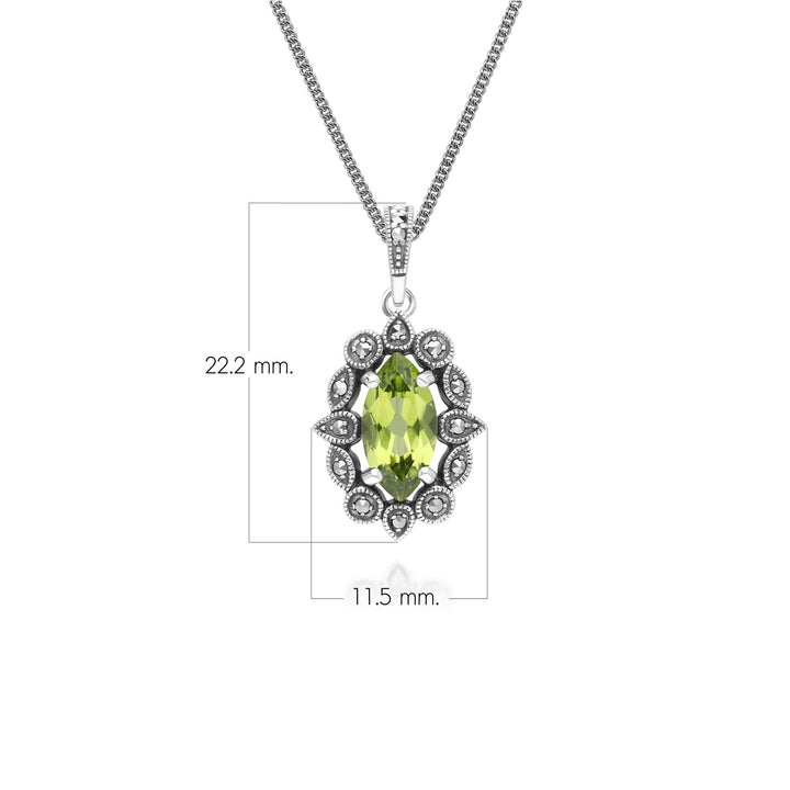 Halskette mit Anhänger im Art-Deco-Stil mit Marquise-Peridot und Markasit aus Sterlingsilber