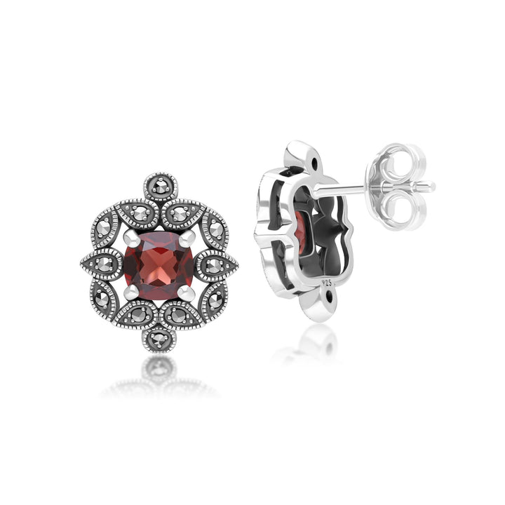 Ohrstecker im Art-Deco-Stil mit Kissengranat und Markasit in Sterlingsilber