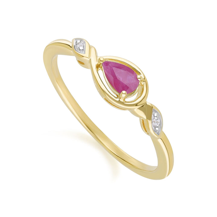 Klassischer Birnenring mit Rubin und Diamant in 9 Karat Gelbgold