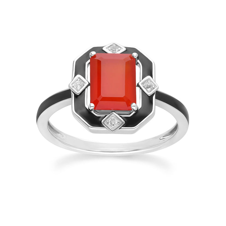 Grand Deco Ring aus Sterlingsilber mit schwarzem Emaille, Karneol und Topas