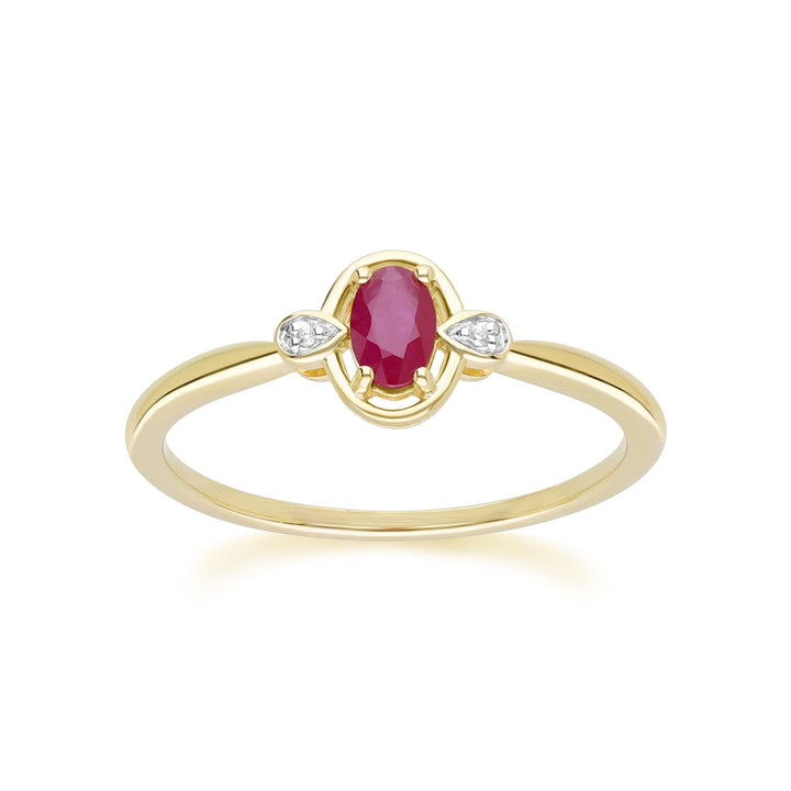 Klassischer ovaler Rubin- und runder Diamantring aus 9 Karat Gelbgold