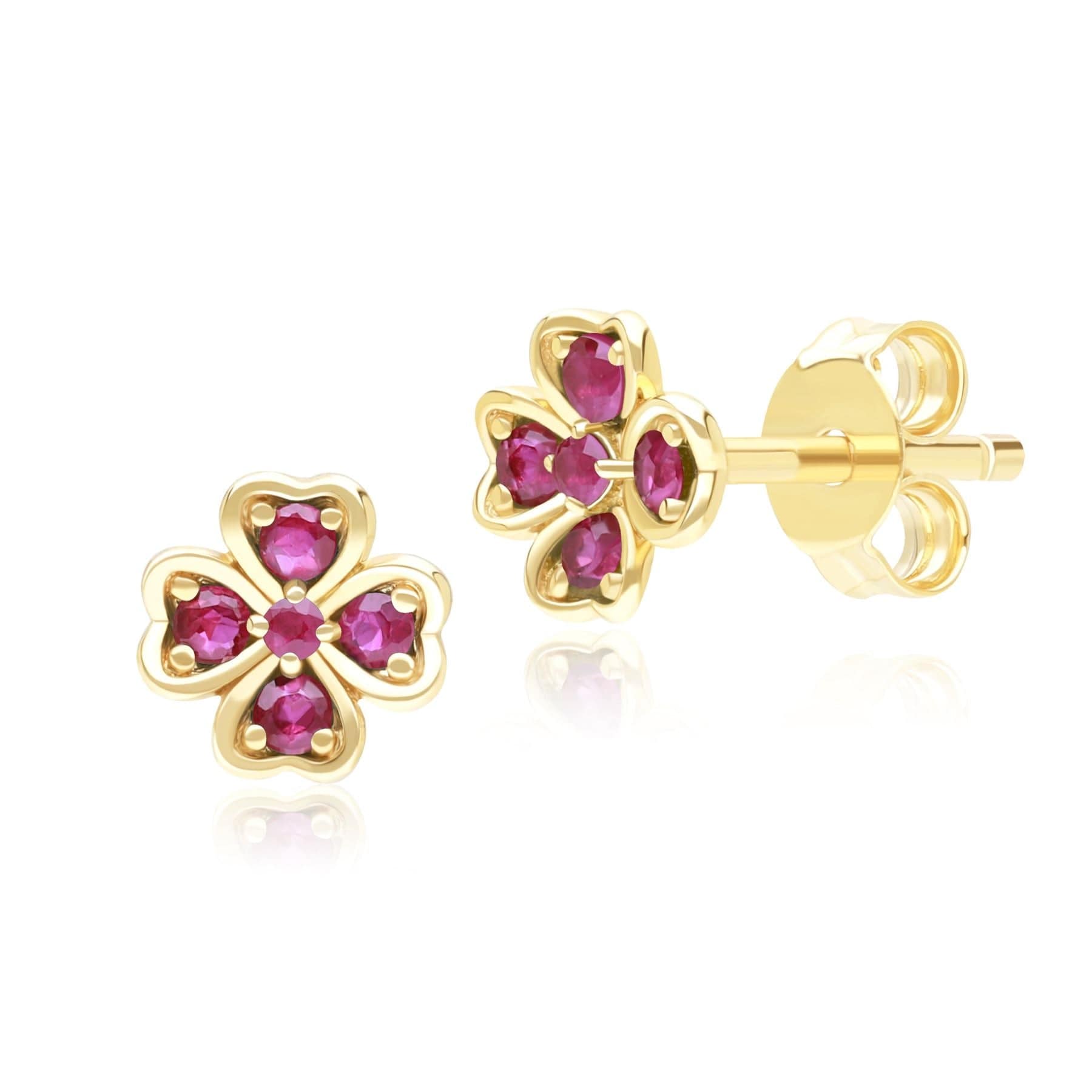 135E1878019 Gardenia Round Ruby Clover Stud Earrings in 9ct Yellow Gold Front