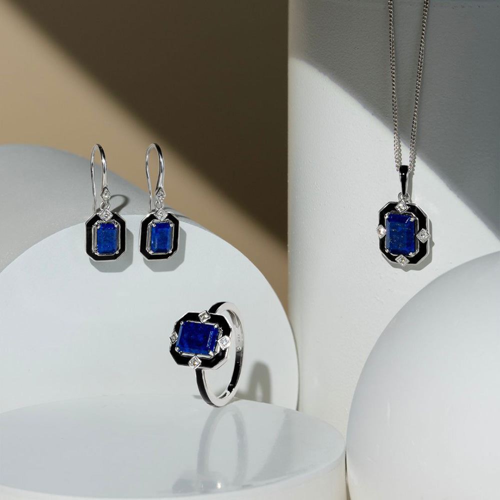 Grand Deco Tropfenohrringe aus Sterlingsilber mit schwarzer Emaille, Lapislazuli und Topas