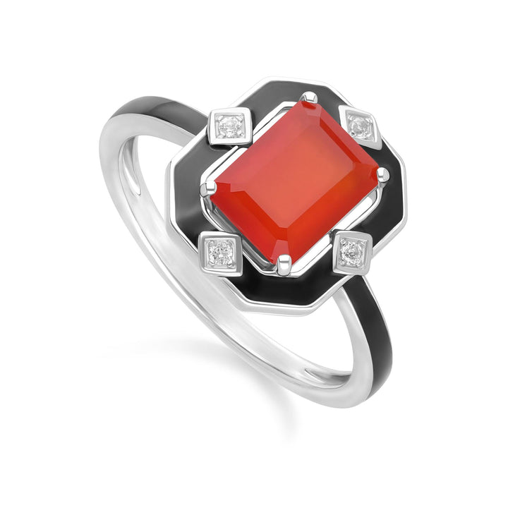 Grand Deco Ring aus Sterlingsilber mit schwarzem Emaille, Karneol und Topas