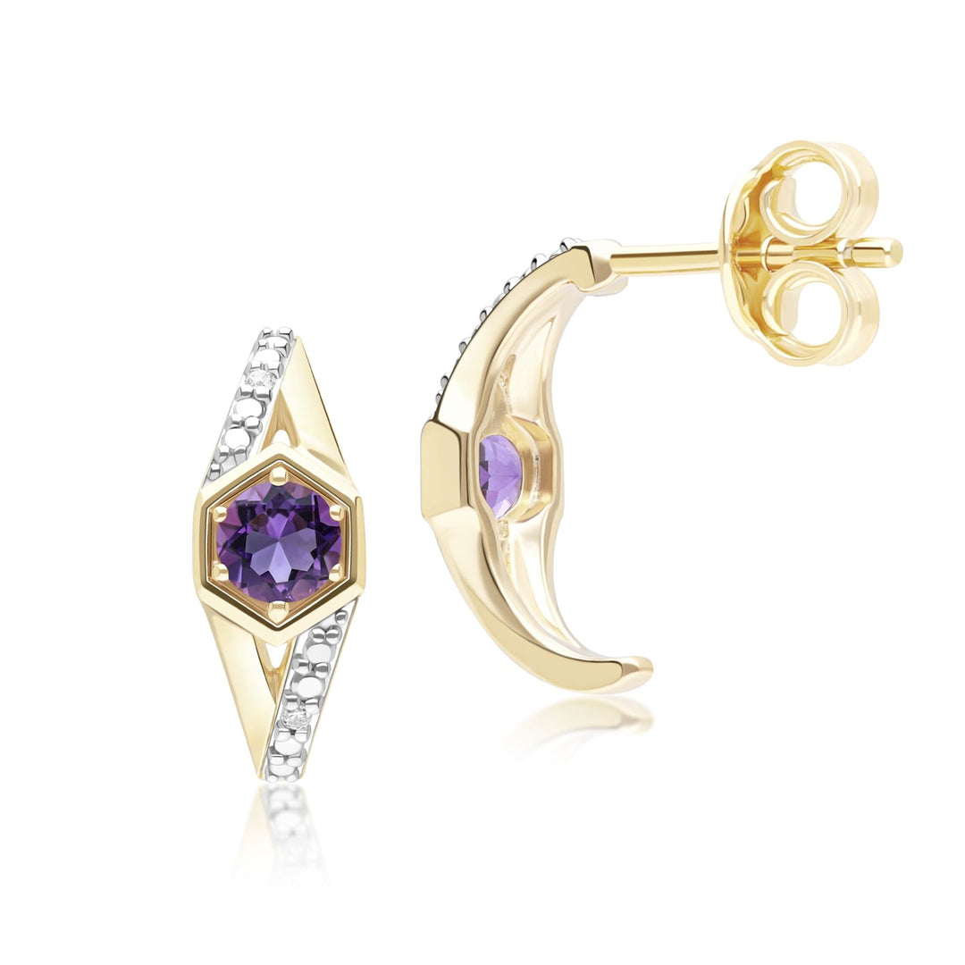 Geometric Hexagon with Prong set Round Amethyst and Diamond Half Hoop Earrings in 9ct Yellow Gold