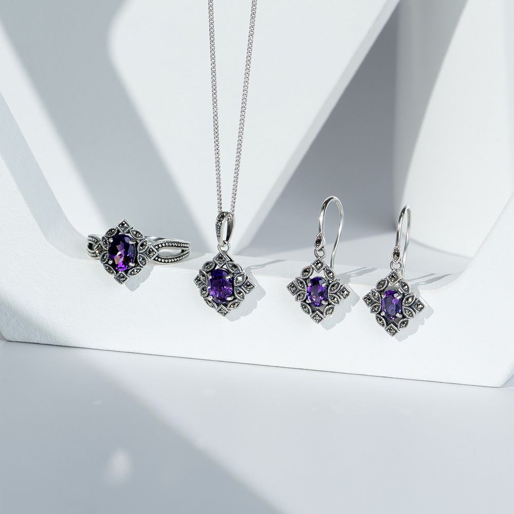 Ovale Halskette mit Amethyst- und Markasit-Anhänger im Art-Deco-Stil aus Sterlingsilber