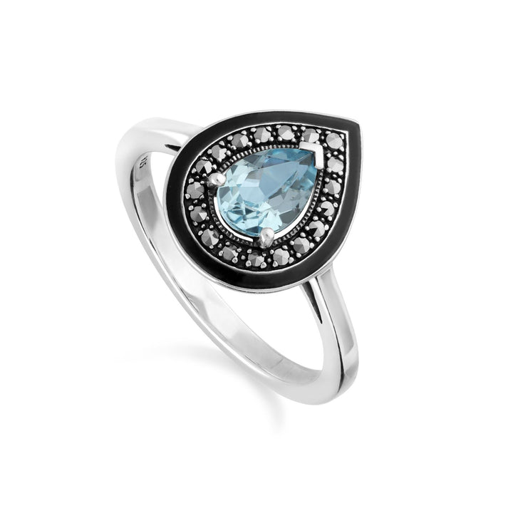 Art Deco inspirierter Ring mit blauem Topas und Markasit im Birnenschliff