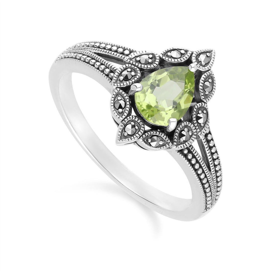 Birnenförmiger Peridot- und Markasitring im Art-Deco-Stil aus Sterlingsilber