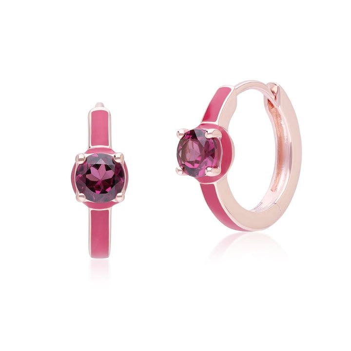 Siberian Waltz – Creolen aus rosa Emaille und rundem Rhodolith in Roségold-Vermeil