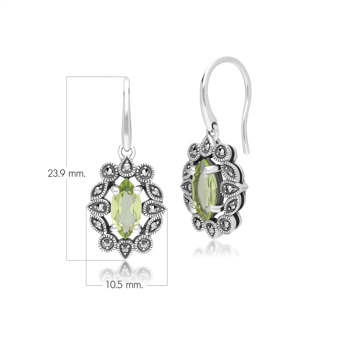 Marquise-Peridot- und Markasit-Tropfenohrringe im Art-Deco-Stil aus Sterlingsilber