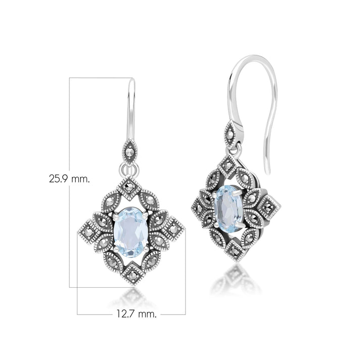 Ovale Tropfenohrringe im Art-Deco-Stil mit blauem Topas und Markasit aus Sterlingsilber