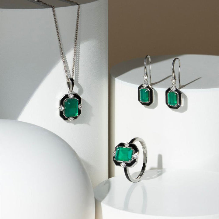 Grand Deco Halskette mit Anhänger aus Sterlingsilber mit schwarzem Emaille, Chalcedon und Topas