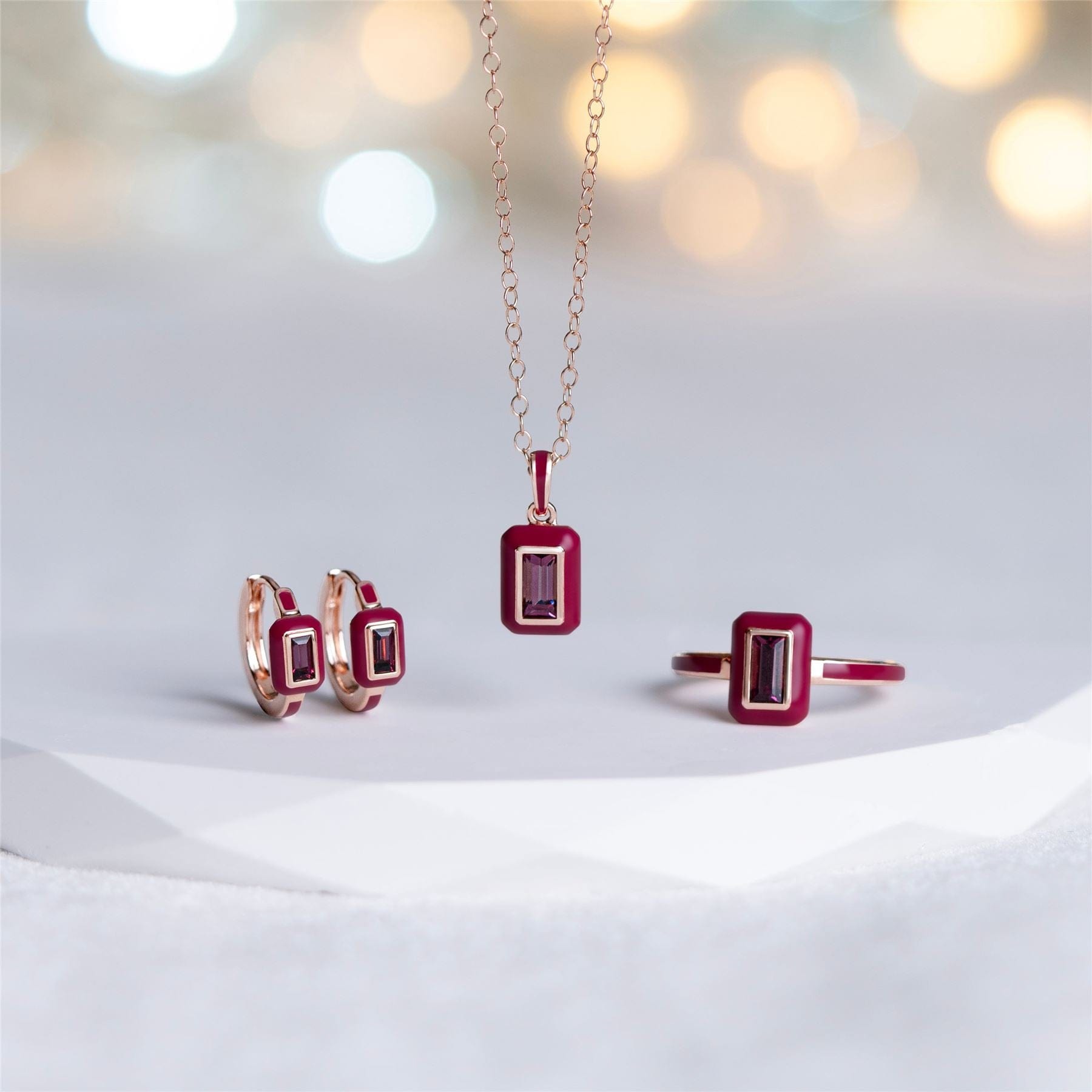 253E418990925 Siberian Waltz Pink Enamel & Baguette Rhodolite Hoop Earrings in Rose Gold Plated Sterling Silver Flatlay