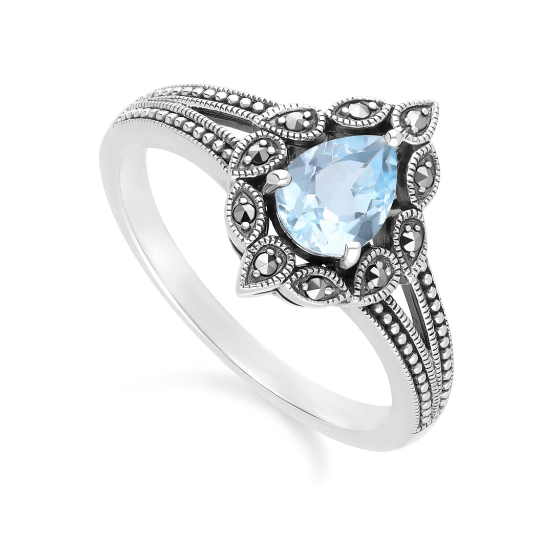 Birnenförmiger Ring aus blauem Topas und Markasit im Art-Deco-Stil aus Sterlingsilber