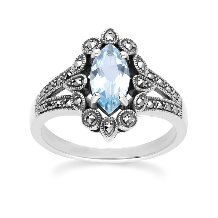 Art-Deco-Ring mit blauem Topas und Markasit im Marquise-Stil aus Sterlingsilber