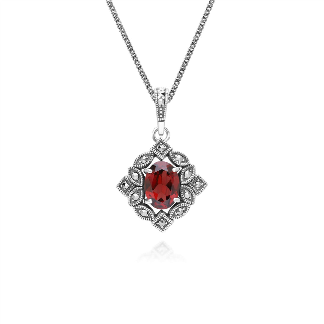 Ovale Granat- und Markasit-Anhängerkette im Art-Deco-Stil aus Sterlingsilber
