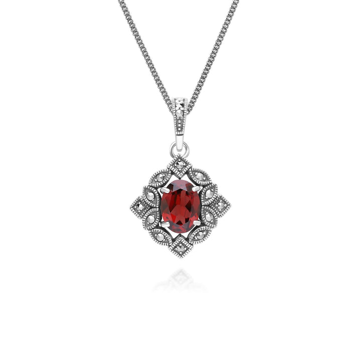 Ovale Granat- und Markasit-Anhängerkette im Art-Deco-Stil aus Sterlingsilber