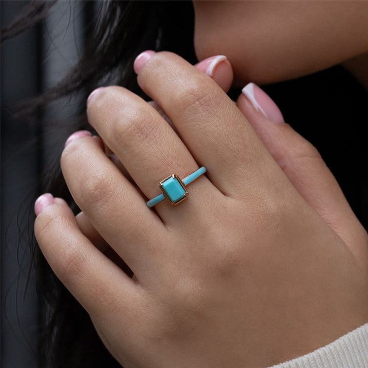 Siberian Waltz Ring aus blauem Emaille und achteckigem Türkis in Roségold-Vermeil