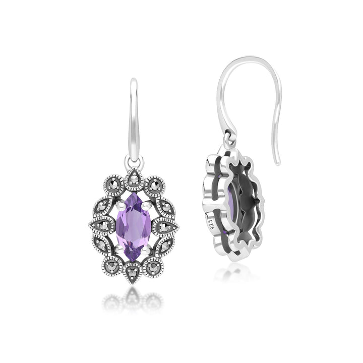 Marquise-Ohrringe aus Amethyst und Markasit im Art-Deco-Stil aus Sterlingsilber