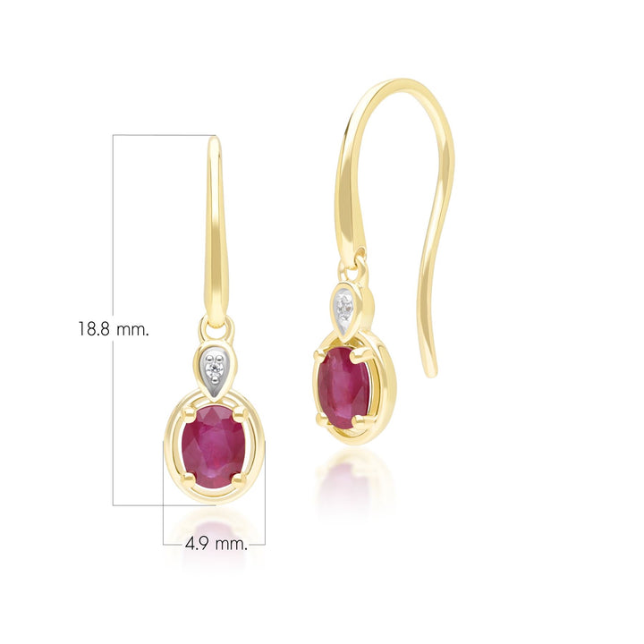 Klassische ovale Rubin- und runde Diamant-Tropfenohrringe aus 9 Karat Gelbgold