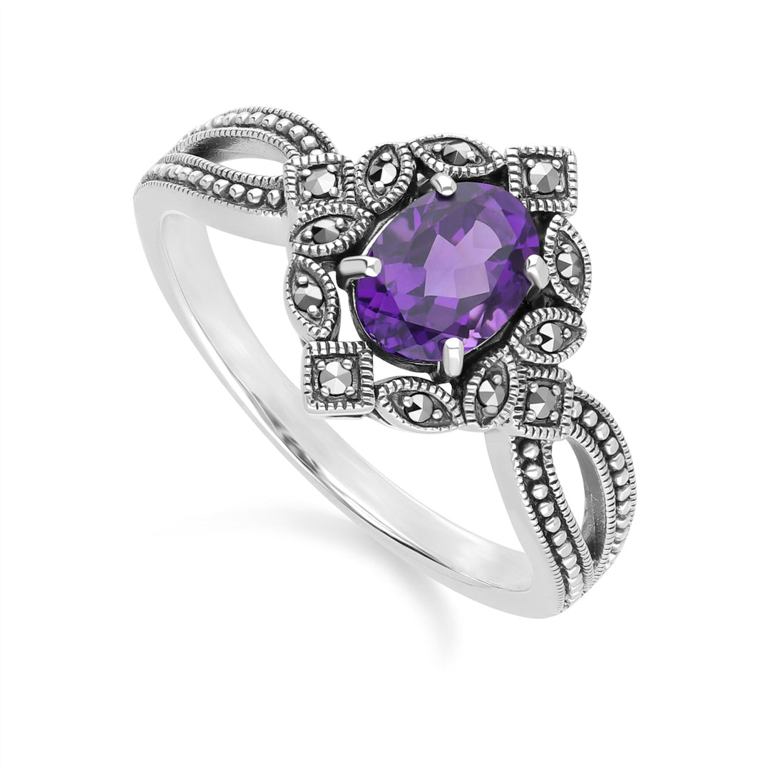 Ovaler Amethyst- und Markasitring im Art-Deco-Stil aus Sterlingsilber