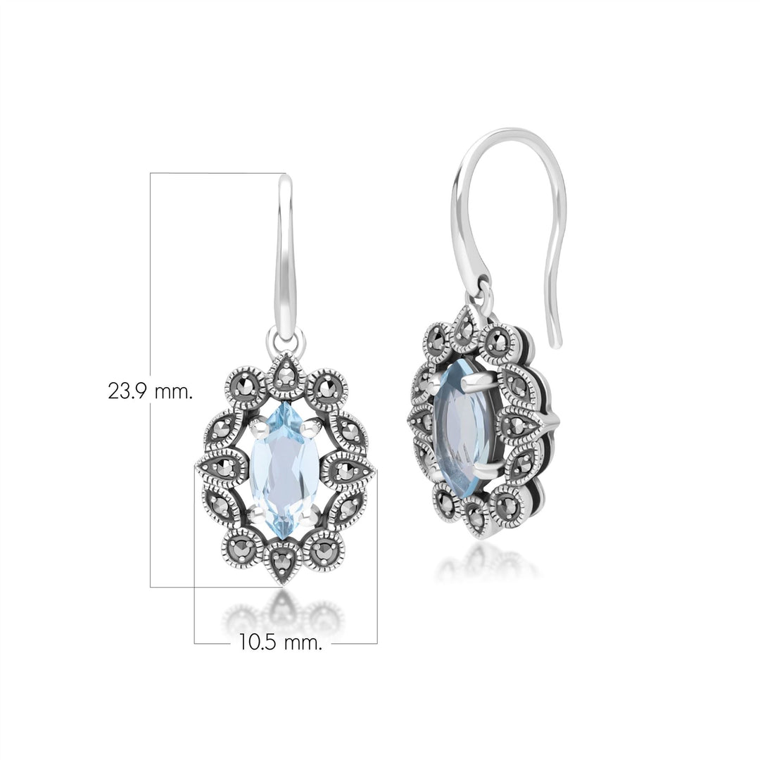 Marquise-Blautopas- und Markasit-Tropfenohrringe im Art-Deco-Stil aus Sterlingsilber