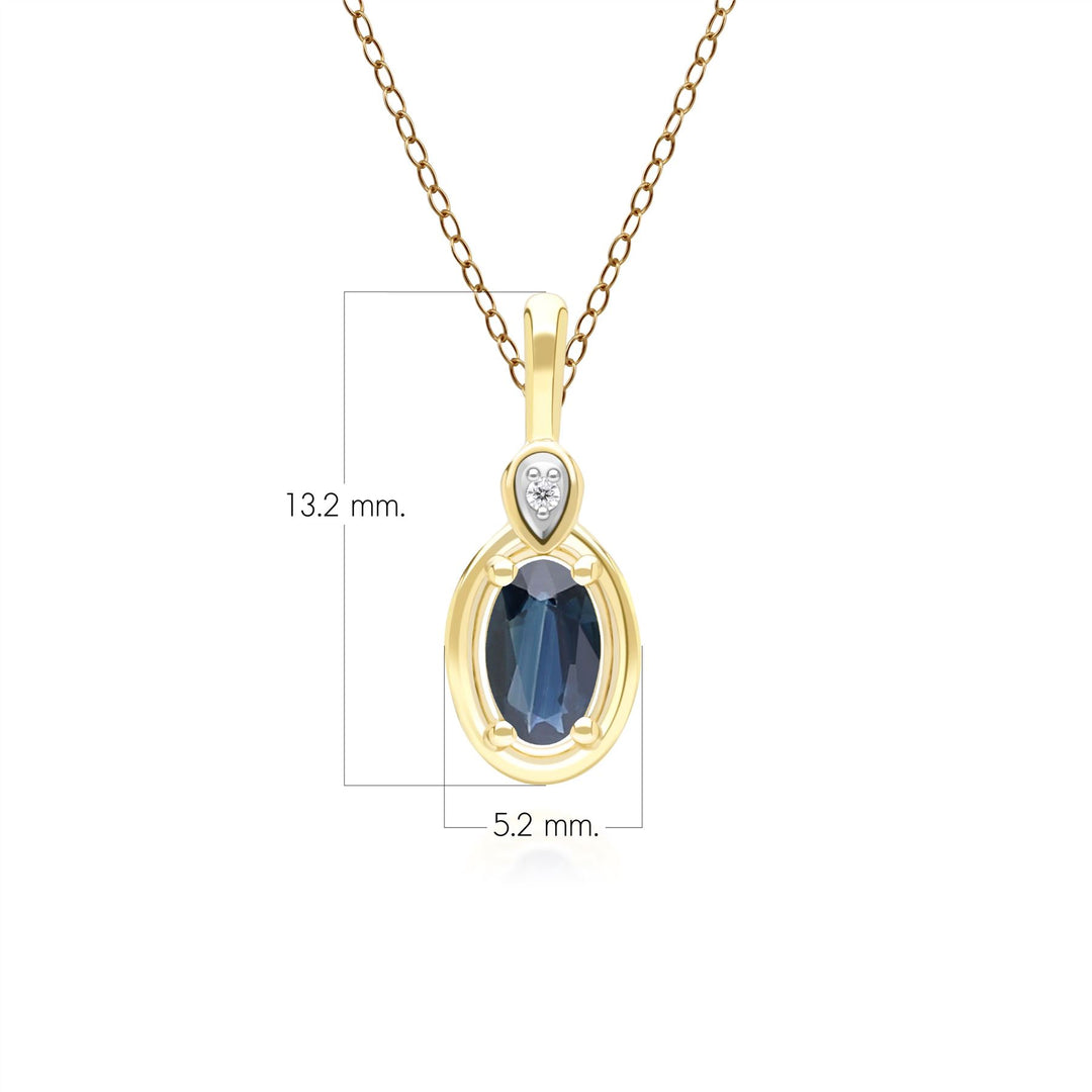 Klassische Halskette mit ovalem Saphir- und rundem Diamantanhänger aus 9 Karat Gelbgold