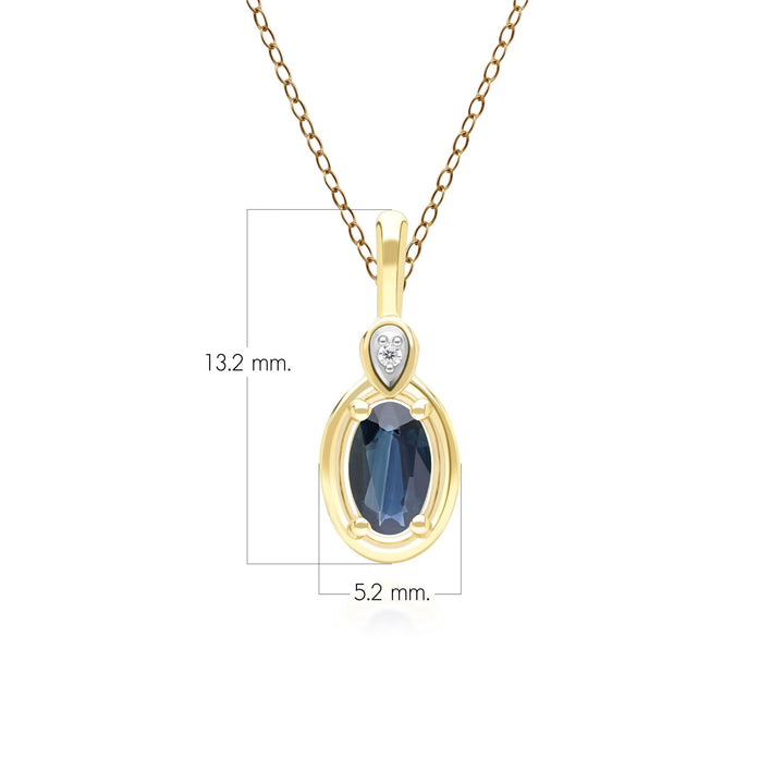 Klassische Halskette mit ovalem Saphir- und rundem Diamantanhänger aus 9 Karat Gelbgold
