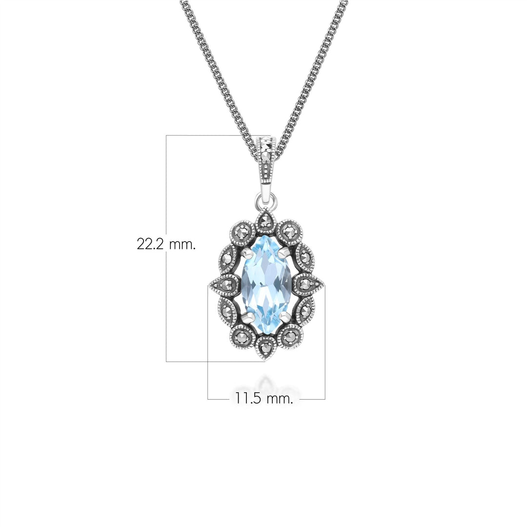 Halskette mit Anhänger im Art-Deco-Stil mit Marquise-Blautopas und Markasit aus Sterlingsilber