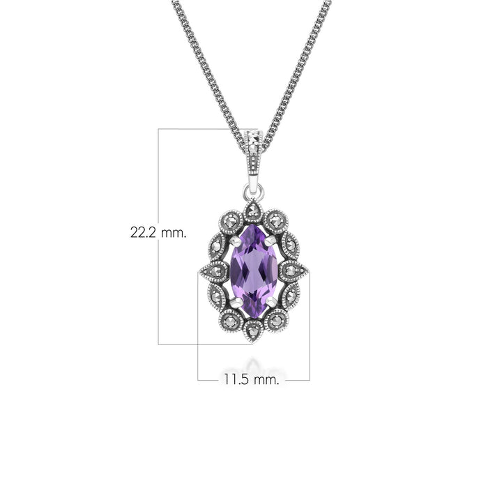 Halskette mit Anhänger im Art-Deco-Stil mit Marquise-Amethyst und Markasit aus Sterlingsilber