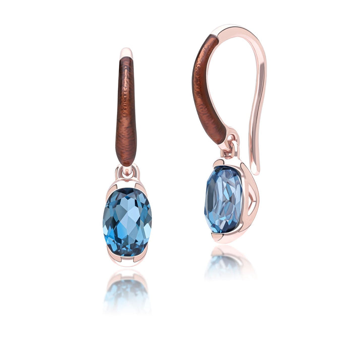 Siberian waltz Oval london blue topaz  with brown enamelled half-bezel set french hook earrings in rose gold vermeil sterling silver