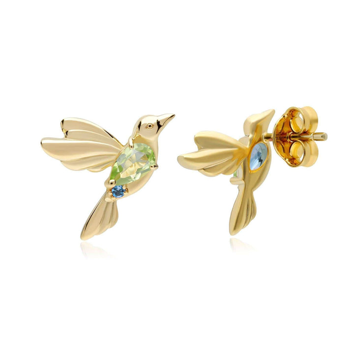 ECFEW™ Peridot and Blue Topaz Hummingbird Stud Earrings in 925 Sterling Silver