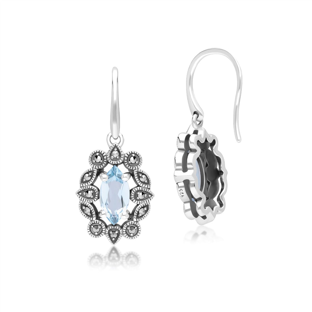 Marquise-Blautopas- und Markasit-Tropfenohrringe im Art-Deco-Stil aus Sterlingsilber