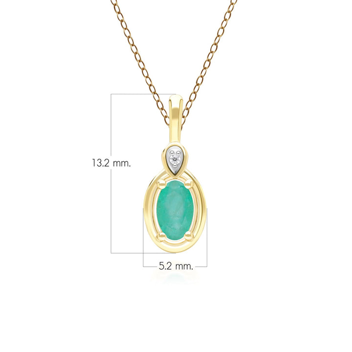 Klassische Halskette mit ovalem Smaragd- und rundem Diamantanhänger aus 9 Karat Gelbgold