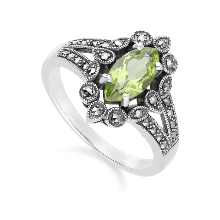 Art-Deco-Ring im Marquise-Peridot- und Markasit-Stil aus Sterlingsilber