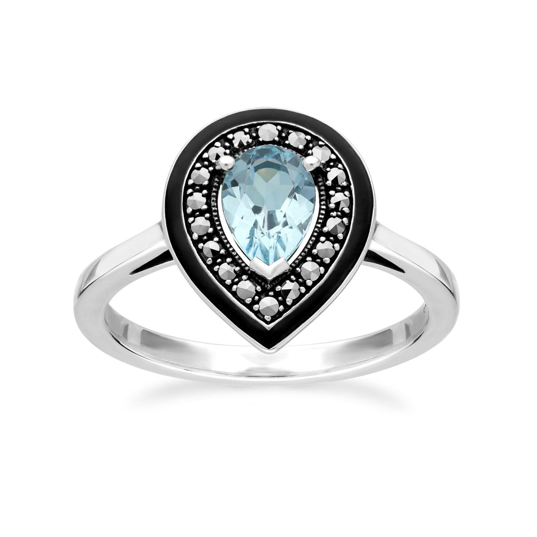 Art Deco inspirierter Ring mit blauem Topas und Markasit im Birnenschliff