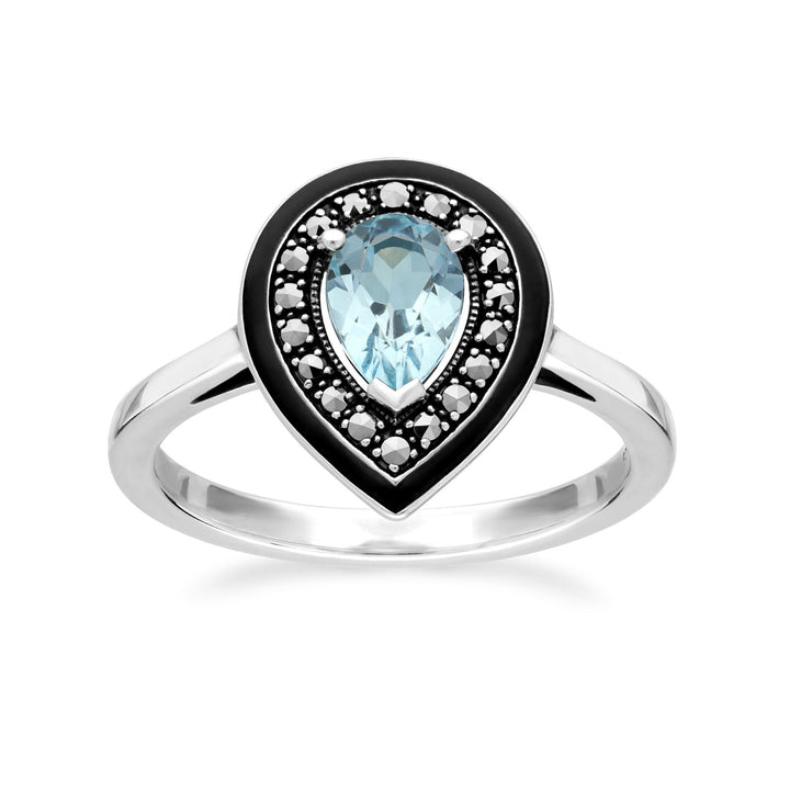 Art Deco inspirierter Ring mit blauem Topas und Markasit im Birnenschliff