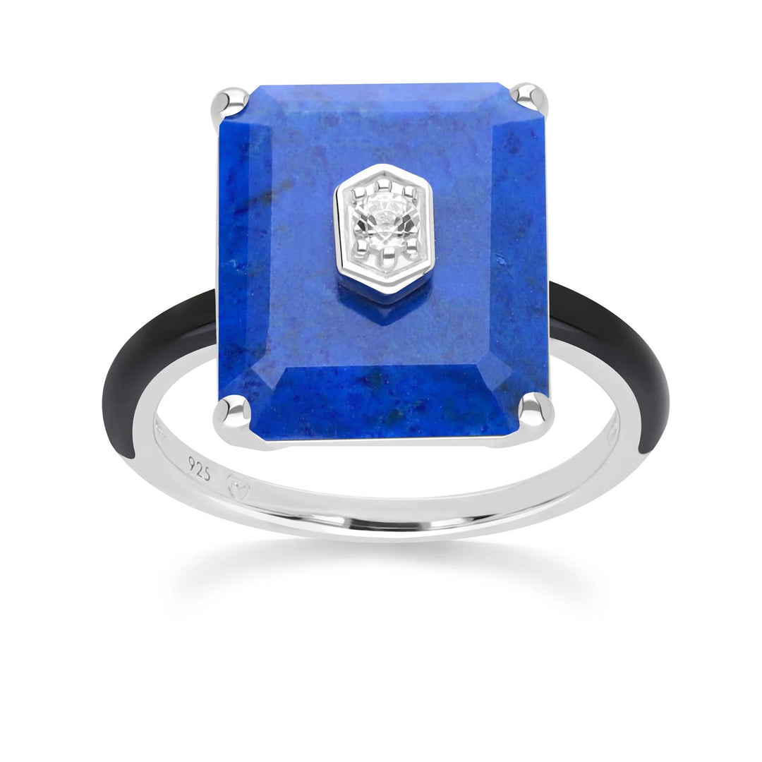 Grand Deco Black Enamel, Lapis Lazuli & Colourless Topaz Ring in Sterling Silver