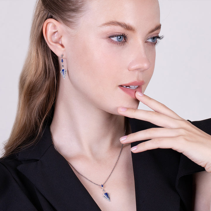 Art-Deco-Stil Stil Dreieck Lapislazuli &amp; Markasit Ohrringe &amp; Halskette Set in 925 Sterling Silber