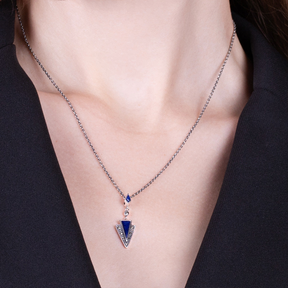 Lapislazuli &amp; Markasit-Anhänger im Art-Deco-Stil aus 925er Sterlingsilber