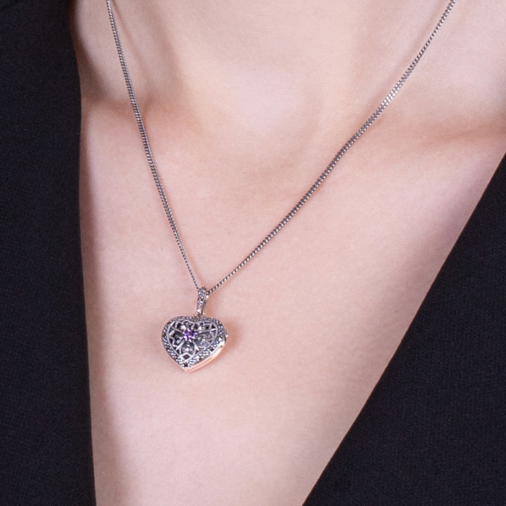 Runde Amethyst-Markasit-Herz-Halskette im Jugendstil aus 925er Sterlingsilber