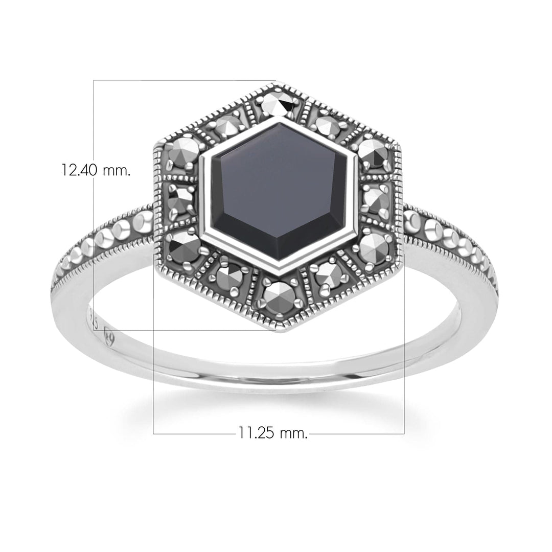Art Deco Style Hexagon Onyx and Marcasite Ring in Sterling Silver 214R641802925 Dimensions