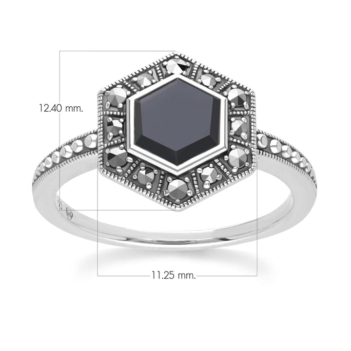Art Deco Style Hexagon Onyx and Marcasite Ring in Sterling Silver 214R641802925 Dimensions