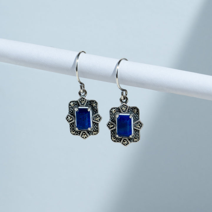 Art Deco Style Octagon Lapis Lazuli & Marcasite Drop Earrings in 925 Sterling Silver flatlay