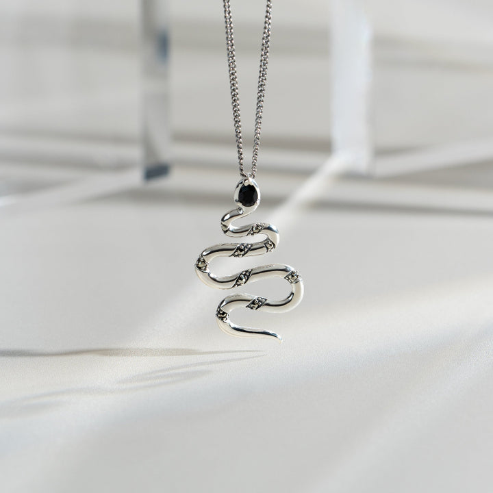 Art Deco Style Pear Black Spinel & Marcasite Snake Necklace in 925 Sterling Silver flatlay