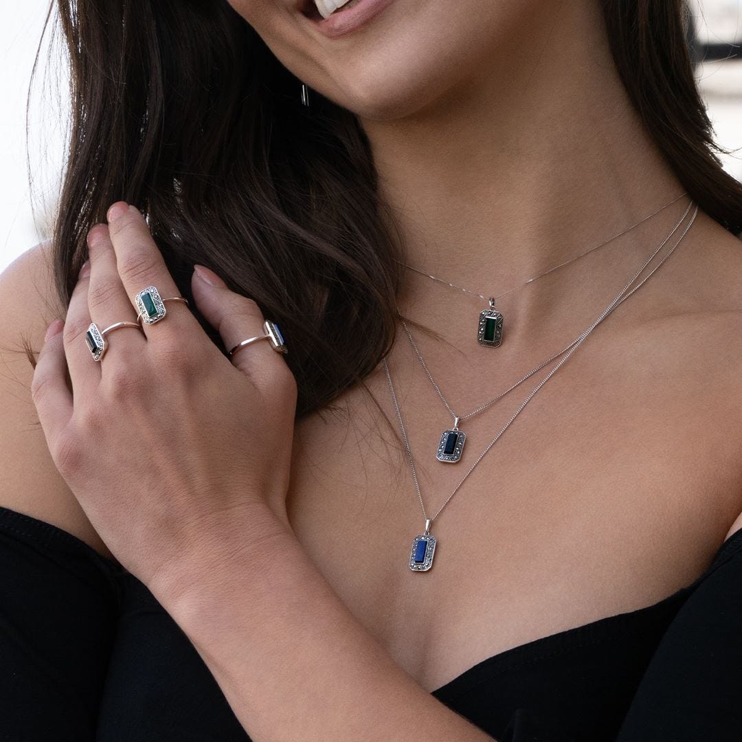 Art Deco Style Rectangle Onyx and Marcasite Pendant Necklace in Sterling Silver 214P334002925 On Model
